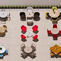Various Colored And Styled Dining Chair Table Sets On Light Colored Floor With Green Plants