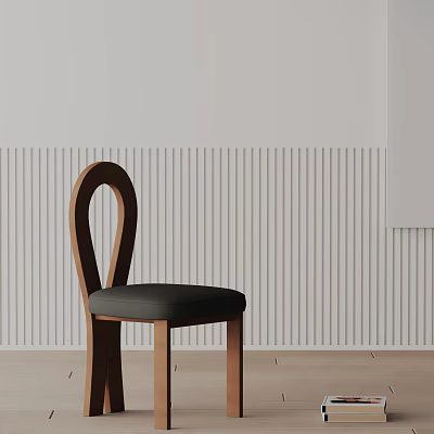 Modern Wooden Dining Chair With Curved Back And Black Upholstered Seat Against Striped Wall 3d model
