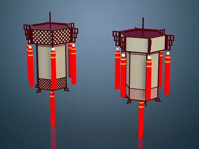 Two Traditional Chinese Lanterns With Wooden Frame And Red Decorative Tassels 3d model