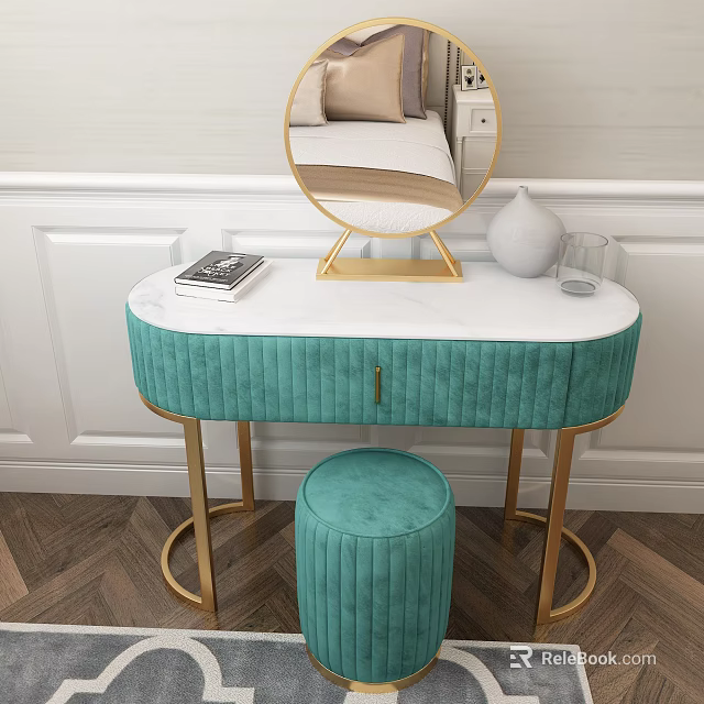 Modern Teal Dressing Table With White Marble Top Gold Legs Round Mirror And Stool 3d model 