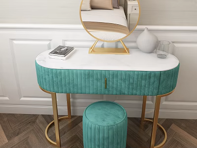 Modern Teal Dressing Table With White Marble Top Gold Legs Round Mirror And Stool 3d model