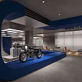 Modern Industrial Coffee Shop Interior With Motorcycle Decor And Blue Accents