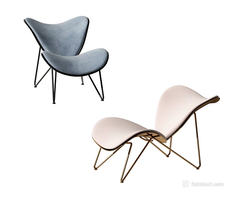 Modern Lounge Chairs With Blue And Pink Upholstery Metal Frame And Elegant Wing Shaped Design 3d model 