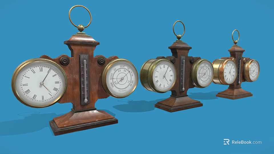Vintage Table Clocks With Wooden Base And Various Retro Design Dials 3d model 