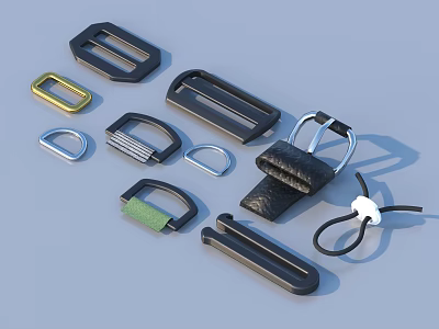 Assorted Belt Buckles And Leather Accessories In Various Shapes And Materials 3d model