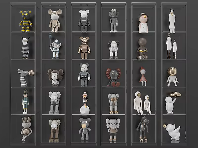 Various Unique Styled Collectible Dolls Arranged In Glass Display Shelves 3d model