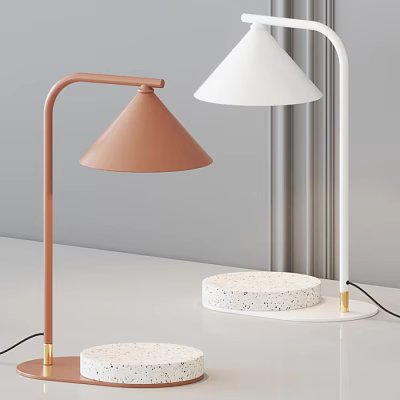Modern Brown Curved and White Straight Table Lamps with Terrazzo Bases 3d model