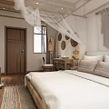 Hotel Guest Room Featuring Wooden Structure White Canopy Bed Window Curtains And Wooden Floor Rug