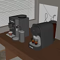 Black Coffee Machines On Wooden Countertop With Coffee Cups Near Window Blinds