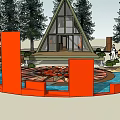 Park Landscape With Triangular Roof Building Circular Red Structure And Water Pool 3d model