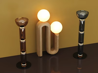 Modern Floor Lamps with Three Different Designs Wooden Structure and Spherical Bulbs 3d model