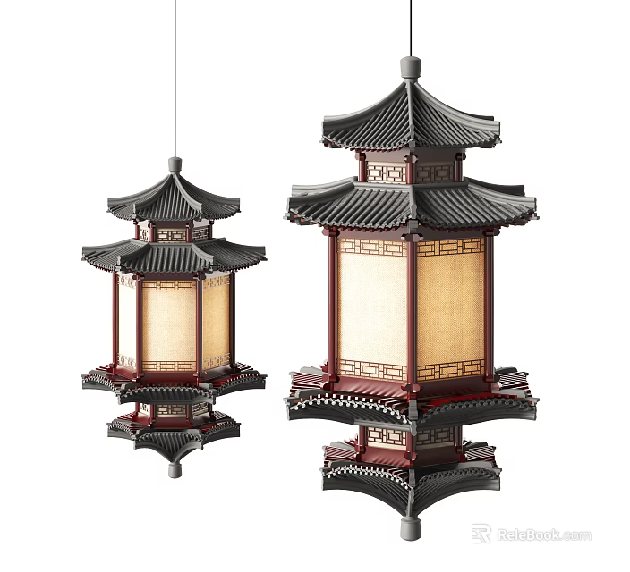 Chinese Style Multi Tiered Traditional Pagoda Inspired Chandeliers With Wooden Frame And Fabric Shade 3d model 