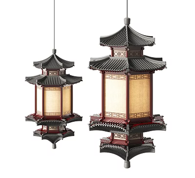 Chinese Style Multi Tiered Traditional Pagoda Inspired Chandeliers With Wooden Frame And Fabric Shade 3d model