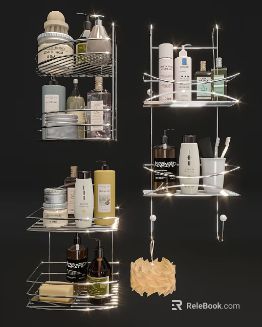 Bathroom Accessories Wall Mounted Metal Shelves with Toiletries Cosmetic Bottles and Toothbrush Holder 3d model 