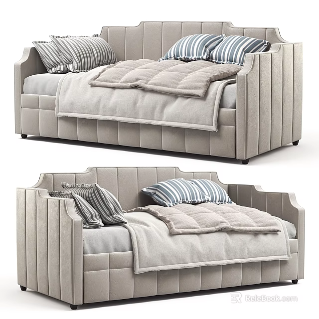 Modern Kids Bed With Striped Pillows Soft Mattress And Gray Upholstered Design 3d model 
