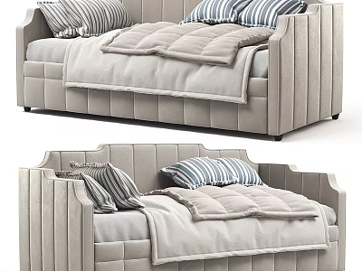 Modern Kids Bed With Striped Pillows Soft Mattress And Gray Upholstered Design 3d model