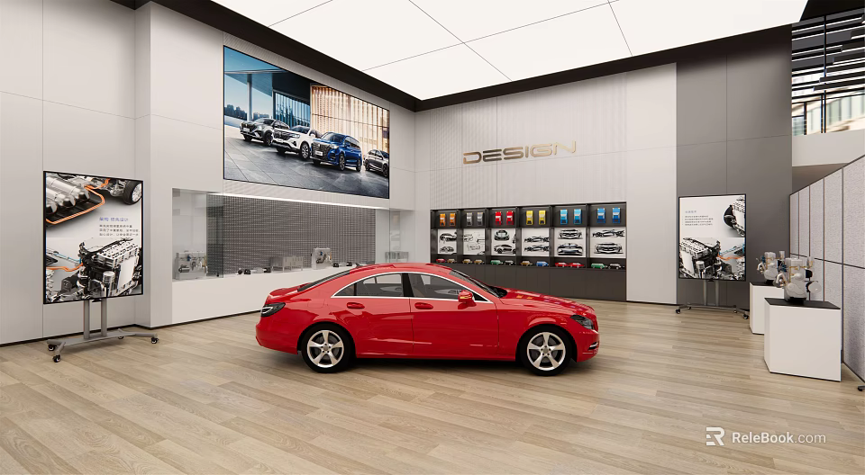 Modern Car Dealership Showroom With Red Sedan And Vehicle Display Featuring Design Elements 3d model 