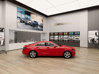 Modern Car Dealership Showroom With Red Sedan And Vehicle Display Featuring Design Elements 3d model