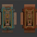 Rusted Industrial Equipment With Blue Green Reddish Brown Wheels Long Poles And Bases