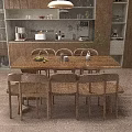 Rustic Wooden Dining Table Set With Four Chairs And Fruit Vases Near Wooden Cabinets