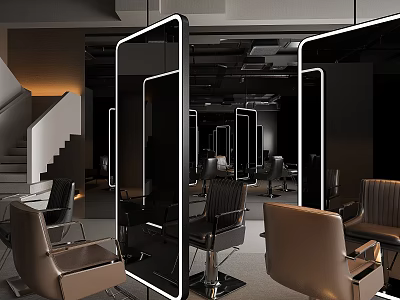 Modern Hair Salon Interior With Black Framed Mirrors Leather Chairs And Ambient Lighting 3d model