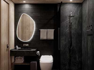 Modern Hotel Bathroom Interior Design With Oval Mirror And Rainfall Shower 3d model