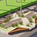 Modern Tree Pit Landscape With Palm Tree Grasses And Wooden Borders On Paved Ground