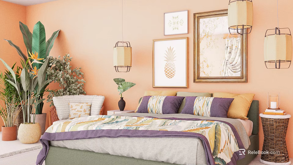 Hotel Room Interior With Peach Walls Framed Artworks Pendant Lights And Colorful Bedding 3d model 