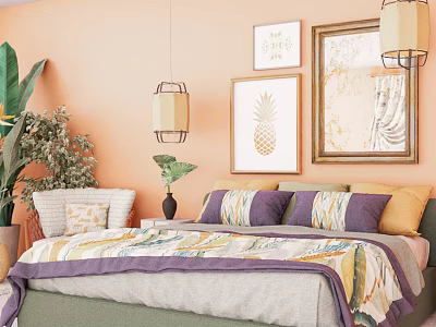 Hotel Room Interior With Peach Walls Framed Artworks Pendant Lights And Colorful Bedding 3d model