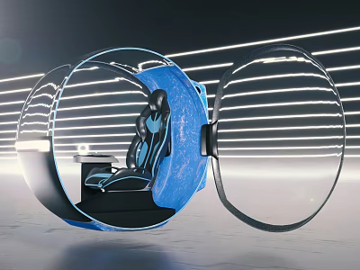 Futuristic Concept Car Interior Featuring Circular Cockpit Blue Seats And Transparent Design 3d model