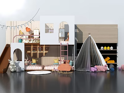 Fun Bunk Bed In Kids Room With Slide Play Tent Storage Shelves And Toys 3d model