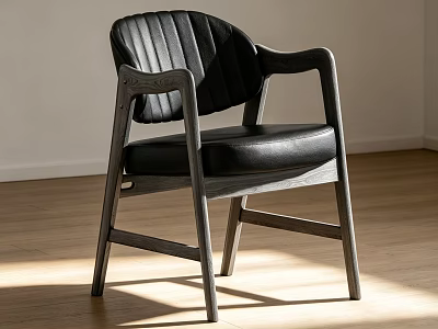 Modern Single Chair With Black Leather Seat And Wooden Armrest Legs 3d model