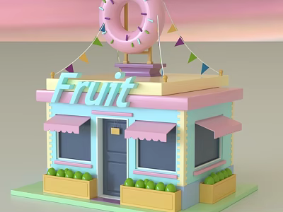 Cartoon Fruit Shop Scene With Large Donut Decoration Colorful Flags And Pink Blue Building 3d model