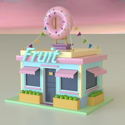 Cartoon Fruit Shop Scene With Large Donut Decoration Colorful Flags And Pink Blue Building 3d model