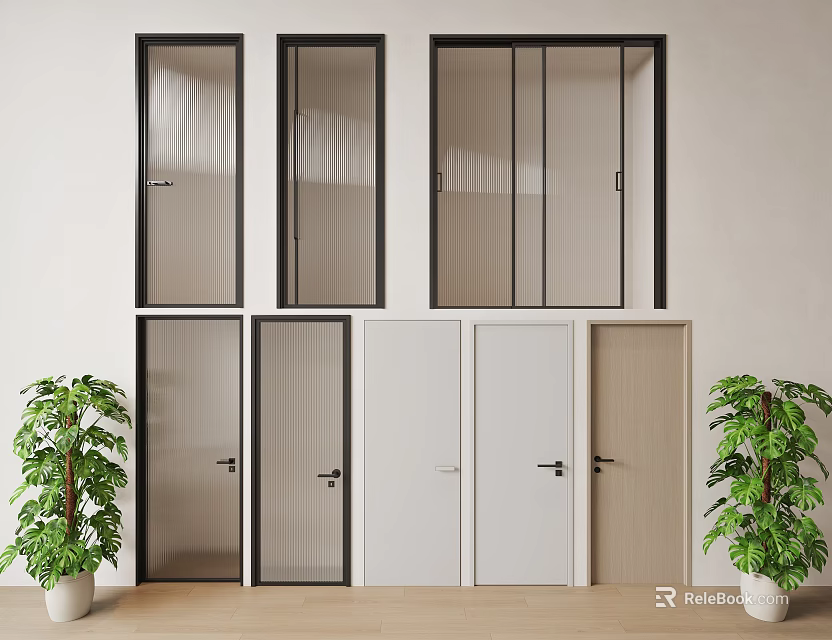Modern Hinged Doors With Glass And Solid Panels In Various Colors Indoor 3d model