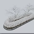 Snow Covered Trimmed Shrubs With Bare Trees On Concrete Landscape Border
