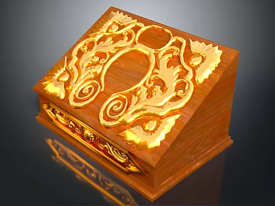 Wooden Decorative Box With Golden Intricate Carvings And Ornate Surface Design 3d model
