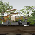 Serene Courtyard Garden With Wooden Long Table Round Cushions Trees Greenery And Stone Features