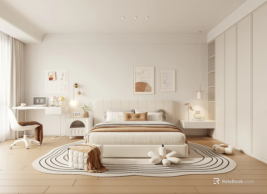 Minimalist Modern Bedroom Interior With White Bed Wall Art Desk Chair And Round Rug 3d model 