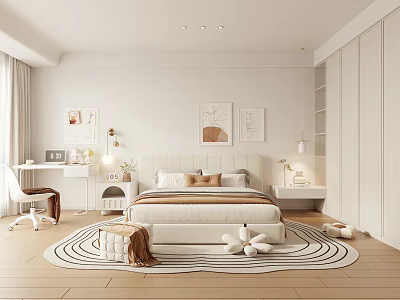 Minimalist Modern Bedroom Interior With White Bed Wall Art Desk Chair And Round Rug 3d model