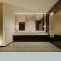 Modern Upscale Public Restroom Interior Features Marble Vanity Top And Stylish Backlit LED Mirrors