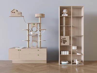 Multi Level Wooden Cat Tree With House Top Storage Cabinet And Cat Bowl Shelf 3d model
