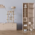 Multi Level Wooden Cat Tree With House Top Storage Cabinet And Cat Bowl Shelf