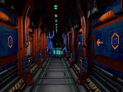 Futuristic Sci Fi Corridor Interior With Blue Orange Design Lighting And Number 17 Doors 3d model