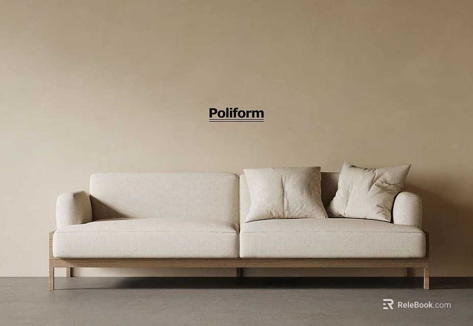 Poliform Beige Fabric Two Seater Sofa With Soft Cushions And Wooden Legs 3d model 