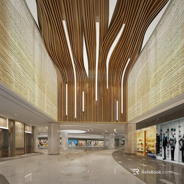 Modern Shopping Mall Lobby Featuring Wooden Strip Ceiling Hanging Lights And Marble Flooring 3d model 