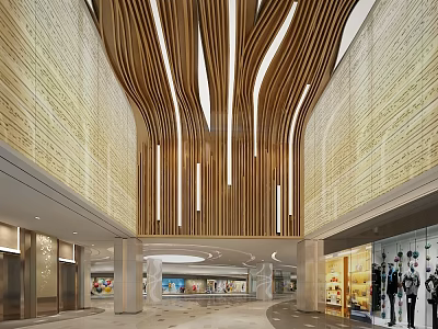 Modern Shopping Mall Lobby Featuring Wooden Strip Ceiling Hanging Lights And Marble Flooring 3d model