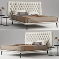 Double Bed With Tufted White Headboard Brown Bed Sheets And Side Tables With Flowers 3d model