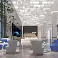 Modern Sales Office Interior With Coffee Tea Bar Sofas Large Windows And Green Plant
