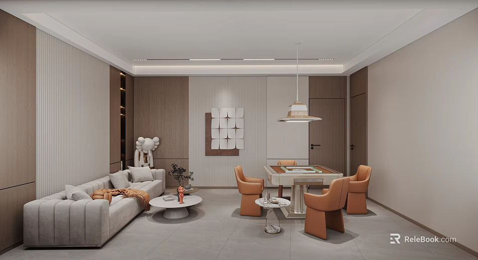 Modern Style Hotel Mahjong Room With Sofa Table And Chairs Hanging Lamp And Decorative Painting 3d model 